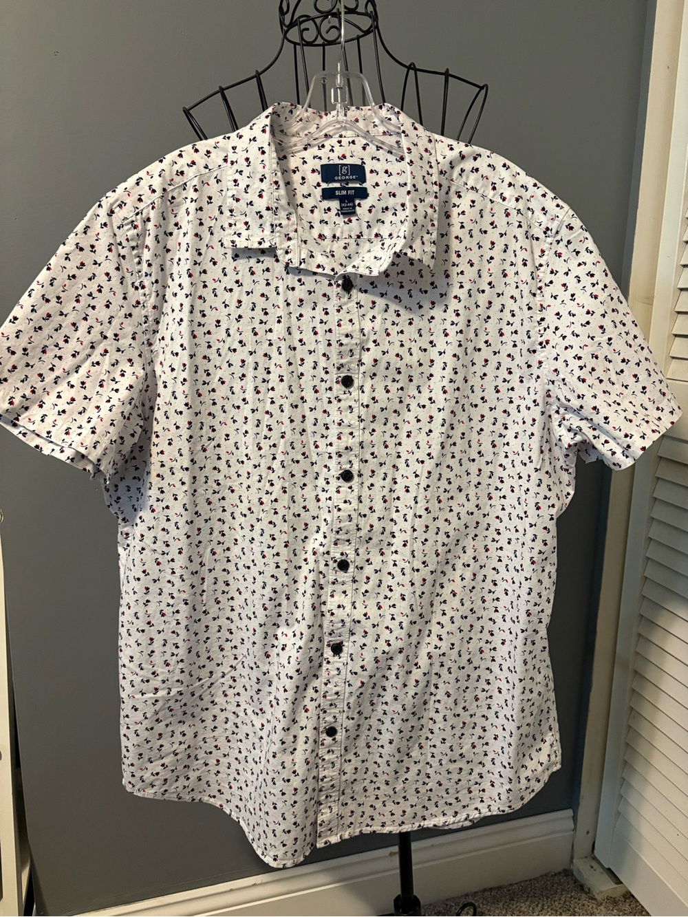 George White Short-Sleeve Button-Down Shirt with Navy & Red Micro Print